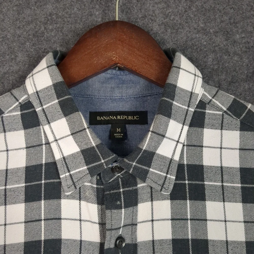 Banana Republic‎ Mens Plaid Button Front Shirt Black White Check Long Sleeve M